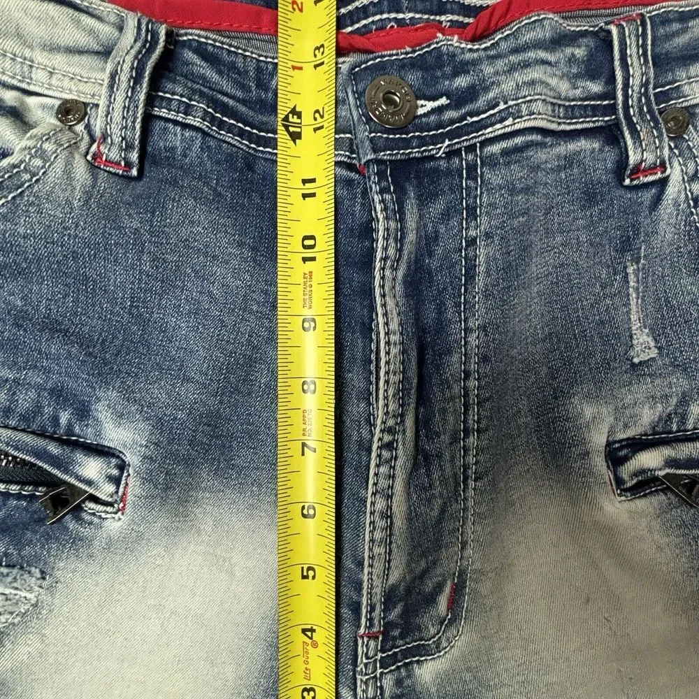 MAKOBI‎ Alki Biker Jeans Mens 44X32 M1757 Vintage Light Wash Moto Distressed NWT